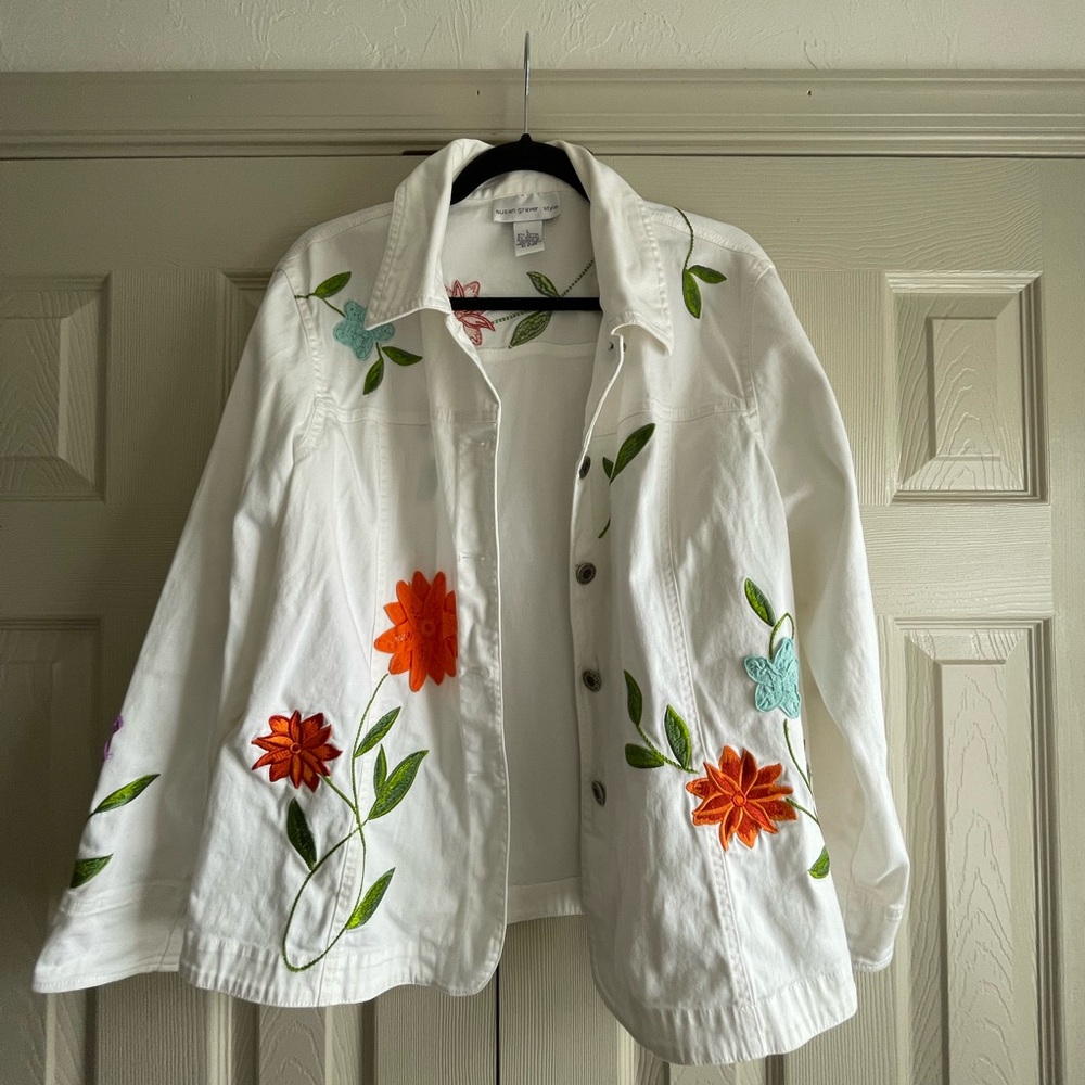 Susan Graver White Jacket with Floral Embroidery